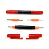 Go 4 It screwdriver in red and black shown apart with two double-ended bits and clip caps