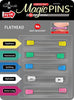 Taylor Seville Magic Pins sample card with yellow, green, blue, white, and pink flathead pins
