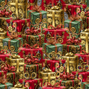 Gears & Garland - Quilting Fabric - Steampunk Christmas Presents - Red