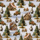 Gears & Garland - Quilting Fabric - Gingerbread Houses with Snowmen and Christmas Trees- Lt. Gray