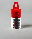 Red and black Bernina sewing machine bobbins on a white background