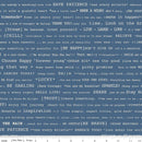 Denim & Daisy Happy Text Denim fabric with white words on denim blue