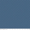 Denim & Daisy Kisses Denim fabric with navy X stitches and white dots on blue