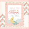 Love You to the Moon coral panel quilt with smiling moon, clouds, and heart borders