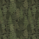 Paddle & Pine Trees Green fabric with tonal pine trees on olive green