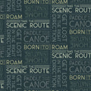 Paddle & Pine Words Navy/Blue fabric with blue outdoor words on navy