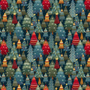 Nordic Holiday Village-Quilting Fabric-Stacked Trees-Dark Blue - Fabric Bash