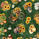 Sunflower Serenade - Quilting Fabric - Sunflowers and Bikes - Green - Fabric Bash