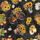 Sunflower Serenade - Quilting Fabric - Sunflowers & Bikes - Charcoal - Fabric Bash
